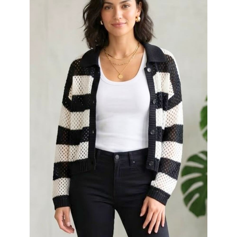 DIVIDED L Black & White Open Knit Cardigan | Lightweight Layering Sweater